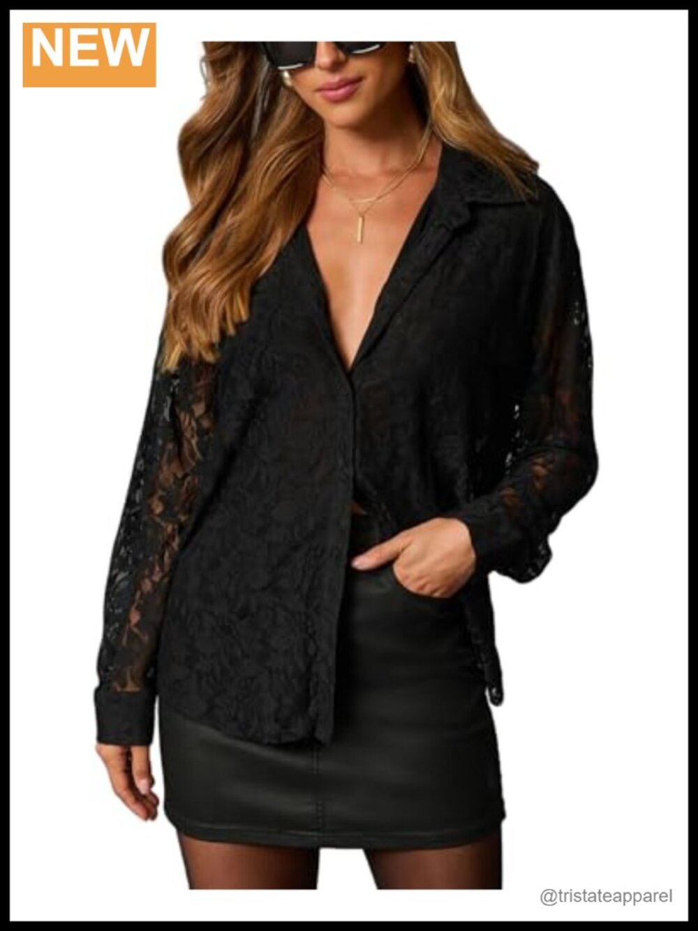 Women's Lace V-Neck Button Down Long Sleeve Sheer Mesh Blouse Floral